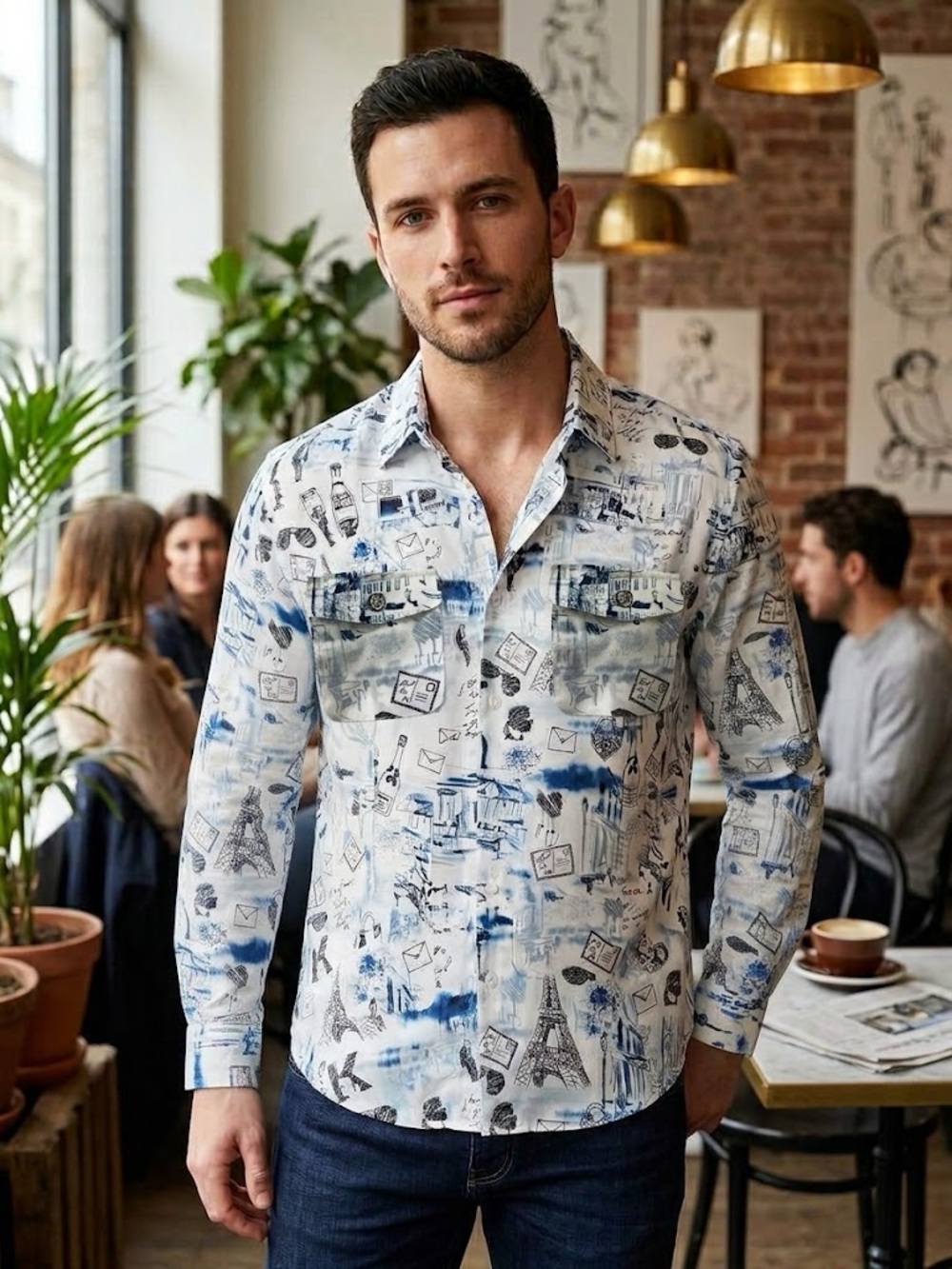 Karl Lagerfeld White & Blue Travel-Print Button-Down Shirt